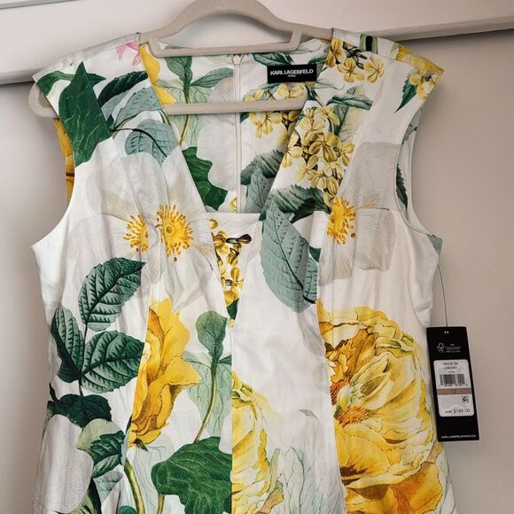 Karl Lagerfeld NWT Cap Sleeve Yellow Floral V Neck Midi A-Line Dress Size 12 New - Picture 5 of 7